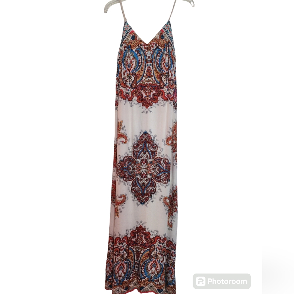FLYING TOMATO Cream Orange Print Maxi Dress Spaghetti Adjustable Straps …